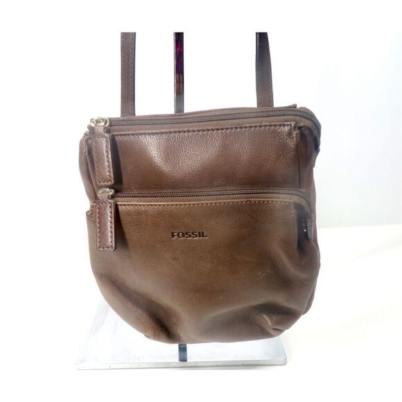 Vintage Fossil Pebbled Brown Leather Mini Crossbody Bag 3 Sections - Picture 1 of 10